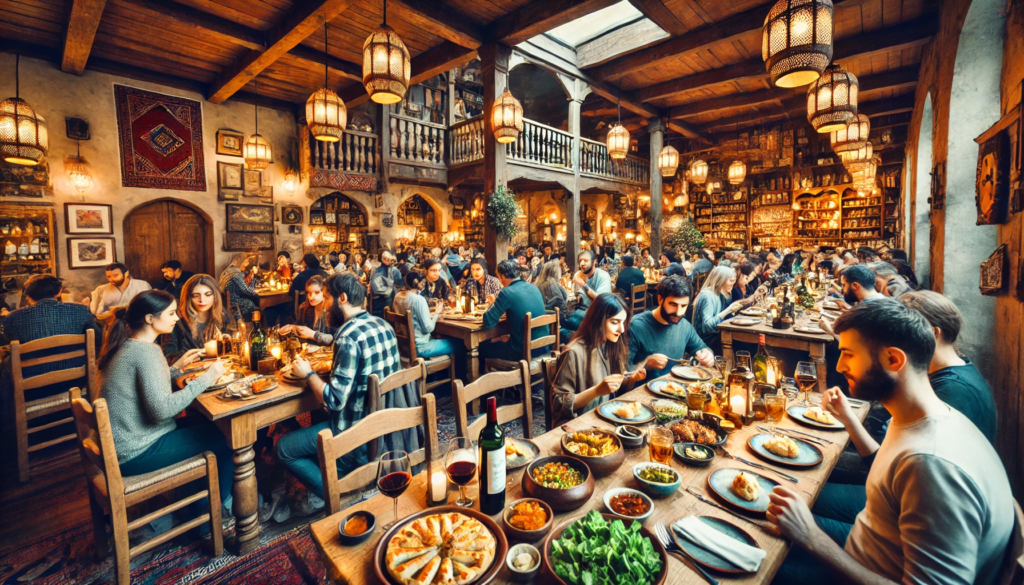 The image of a bustling Georgian restaurant in Kakheti region