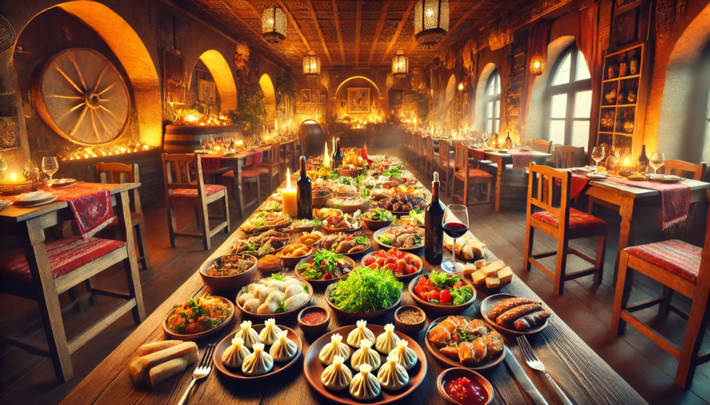 The image of Khinkali dumplings and a Georgian feast in the traditional restaurant