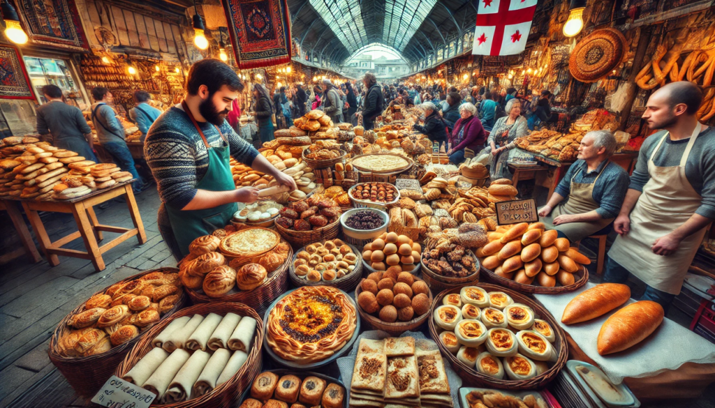 The image of a vendor at a Tbilisi market, selling traditional Georgian pastries and bread