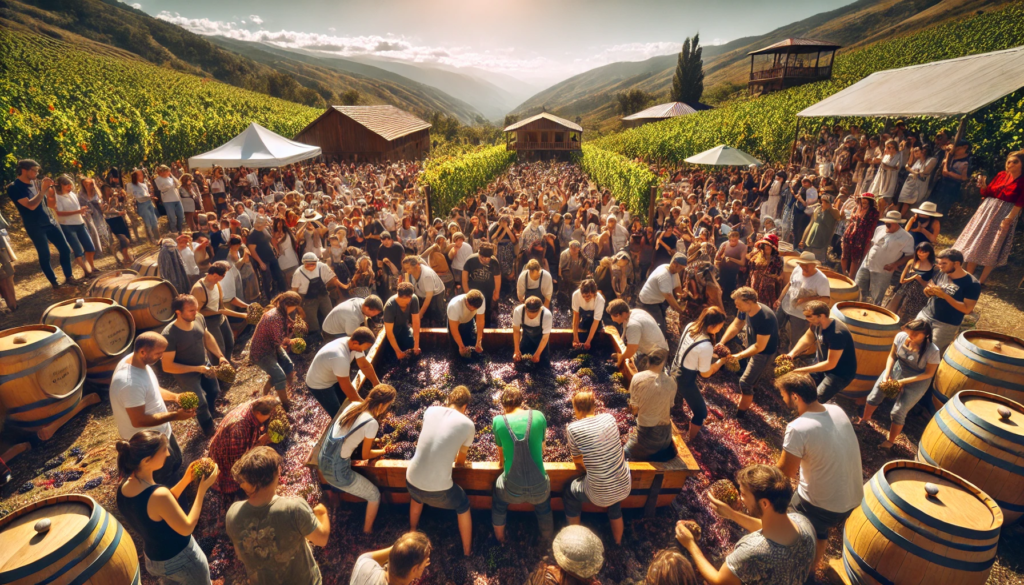 The image of tourists participating in a grape-stomping event during the Rtveli harvest festival
