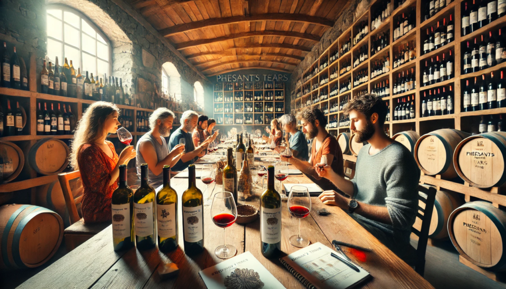 The image of tourists enjoying a wine tasting session at Pheasant’s Tears winery