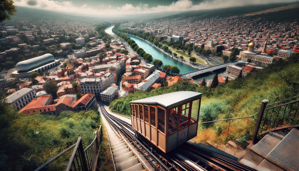 The image of the Tbilisi Funicular railway car climbing up Mtatsminda Mountain