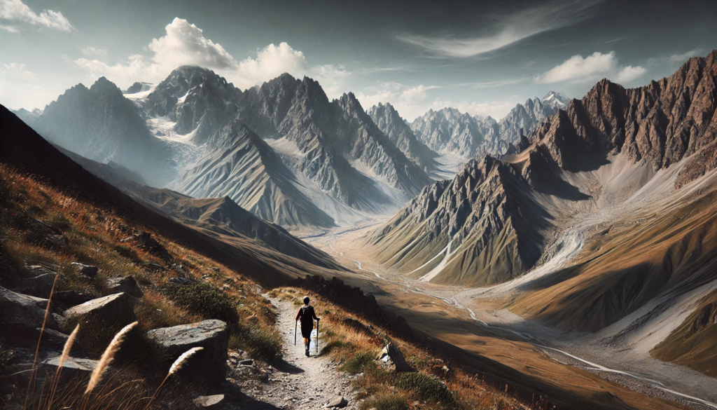 The image of a hiker on a trail in the Caucasus Mountains