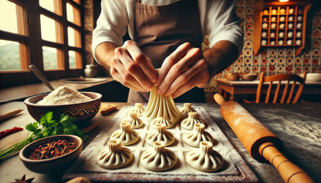 The image of a chef in a Georgian kitchen preparing khinkali dumplings