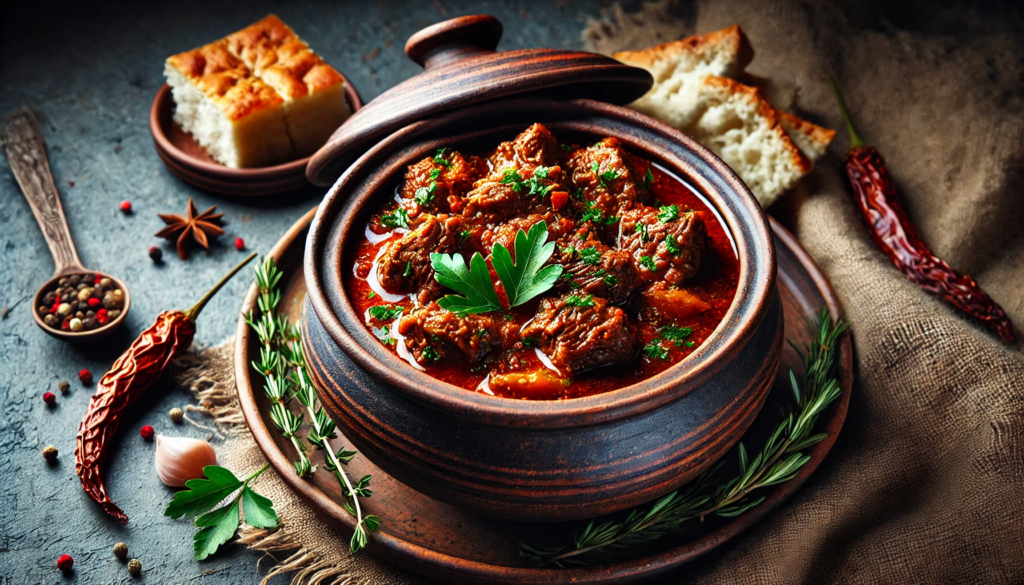 The image of a serving of spicy beef stew (ostrī) in a clay pot