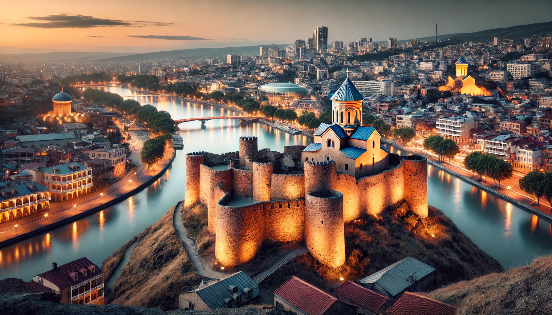 The image of Narikala Fortress overlooking the Tbilisi skyline