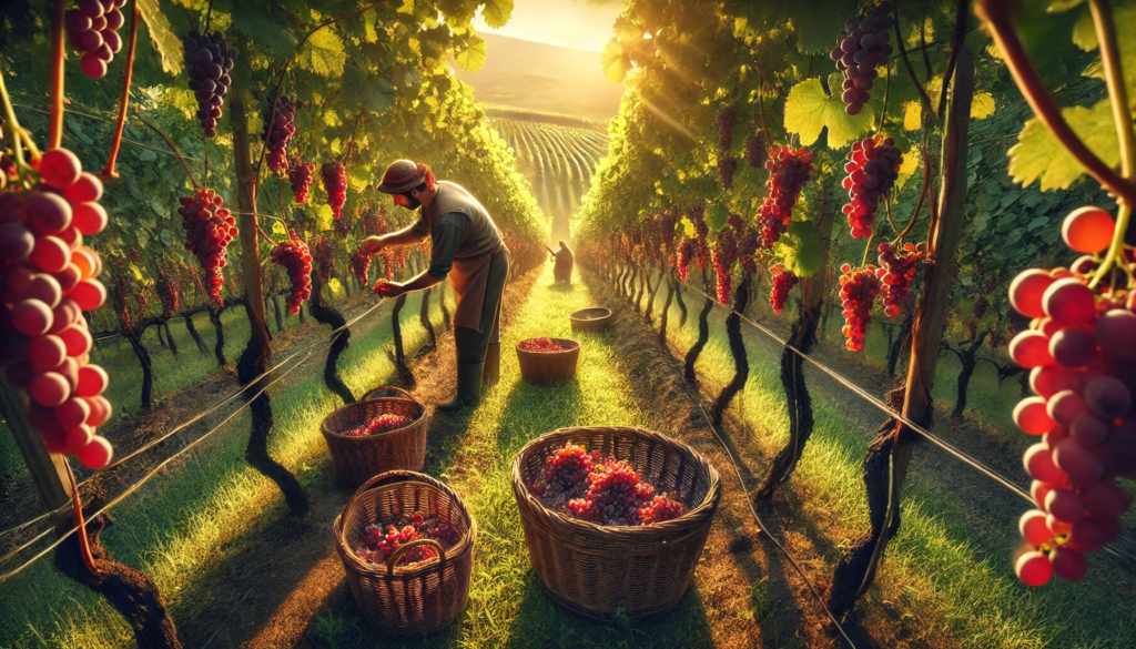 The image of a vineyard worker harvesting grapes during the Rtveli season in Kakheti, Georgia