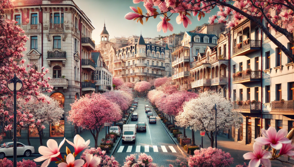 The image of the streets of Tbilisi adorned with blooming cherry and magnolia trees