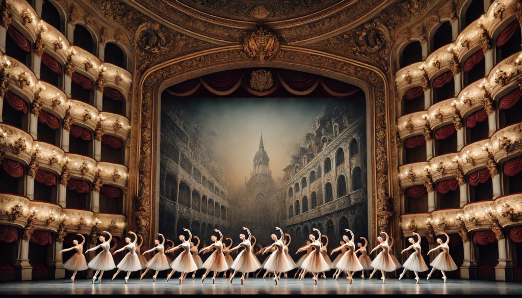 The image of a ballet performance on stage at the Tbilisi Opera and Ballet Theatre