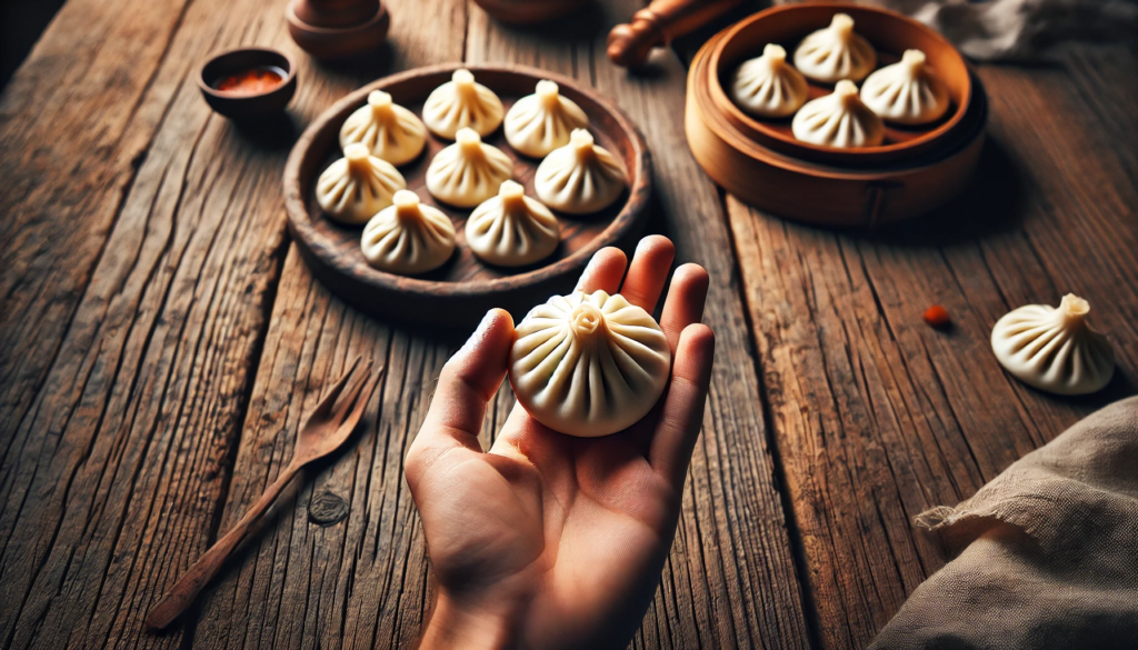 The image featuring a hand holding khinkali and khinkali dumplings on a traditional wooden table