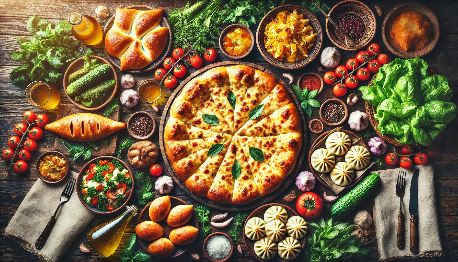 The image of a table filled with traditional Georgian dishes