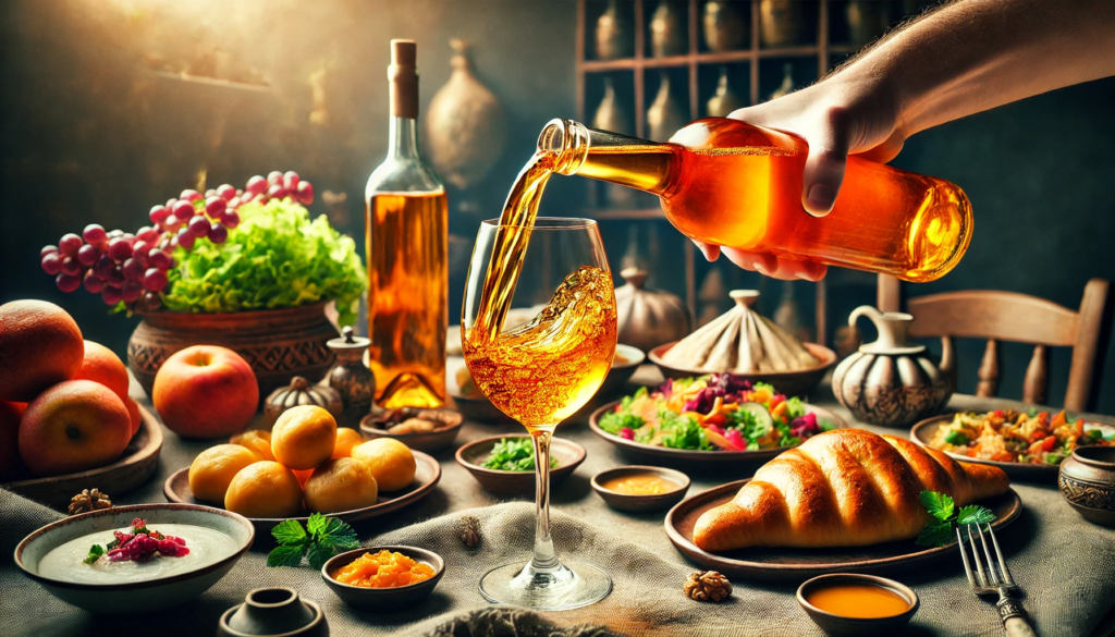 The image of a bottle of Georgian orange wine being poured into a glass