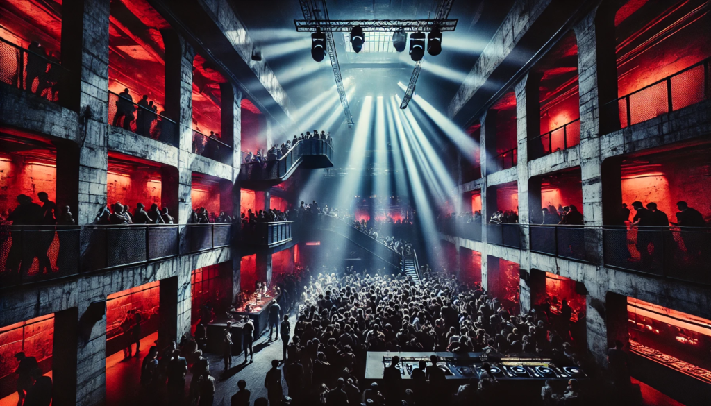 The image capturing the vibrant scene inside Bassiani Nightclub