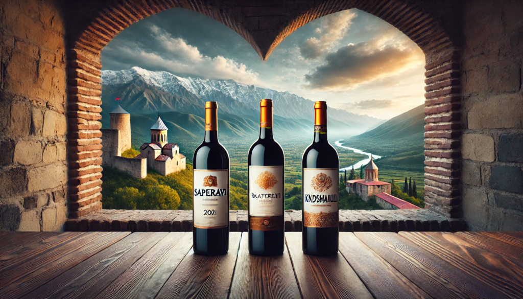 The illustration of Saperavi, Kindzmarauli and Rkatsiteli wines with a Alazani valey background